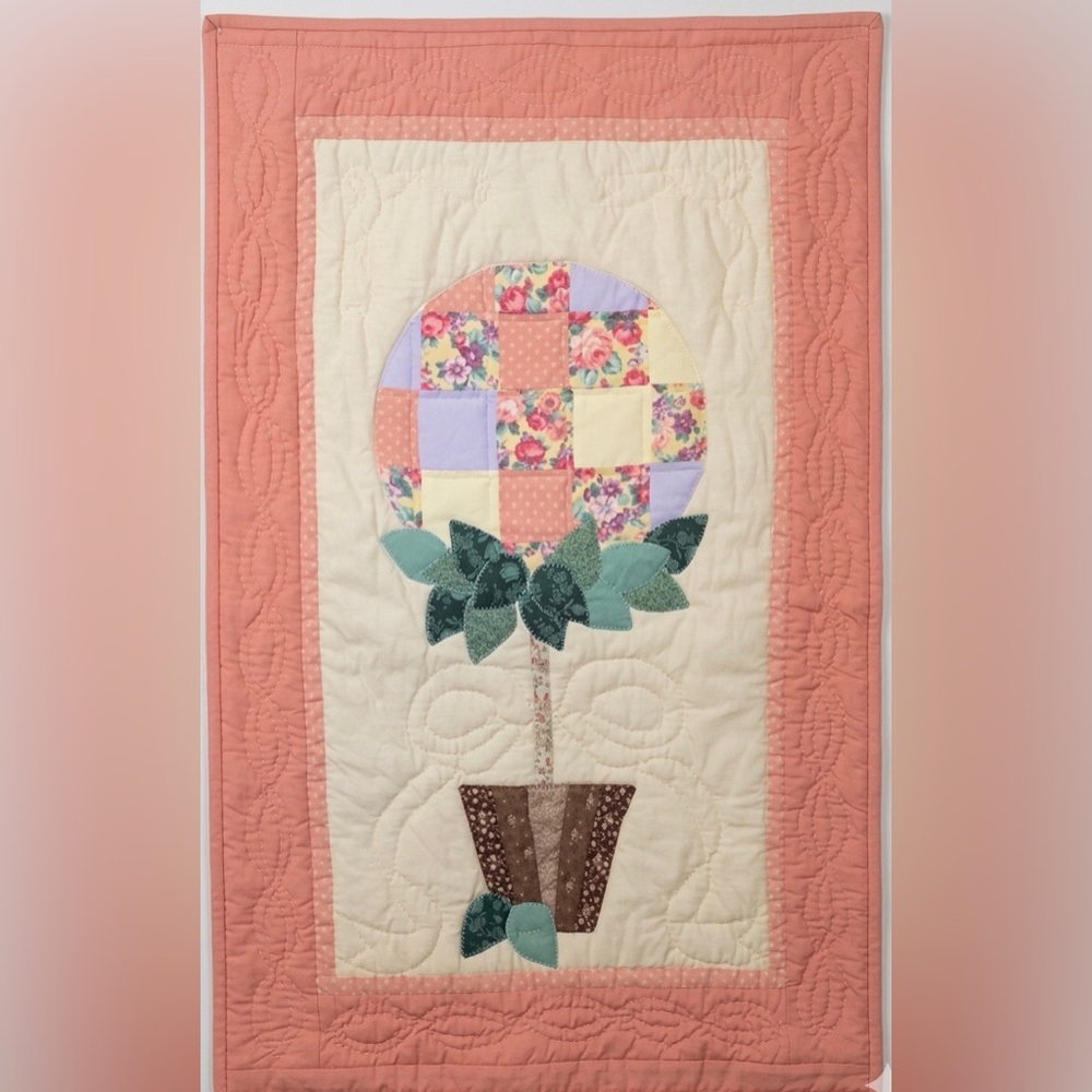 Vintage Quilted Patchwork Floral Topiary Wall Hanging 28.5”X 17”